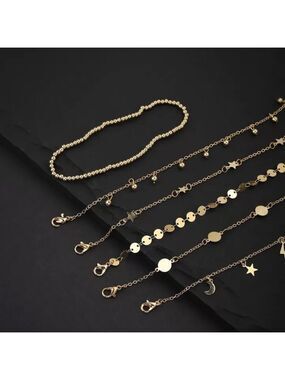 New set of 6 Gold Plated Anklets Moon Stars